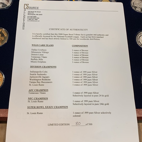 2000 Superbowl Tribute set of 9 - .999 coins and 6 bronze in wood box authentic - Picture 9 of 13